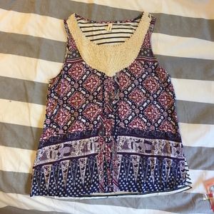 Anthropologie Print Tank with Crochet Size M
